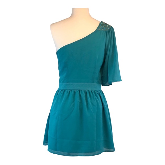 Umgee One Shoulder Chiffon Lined Dress Studded Accent Turquoise Size Small NWT - Picture 7 of 9